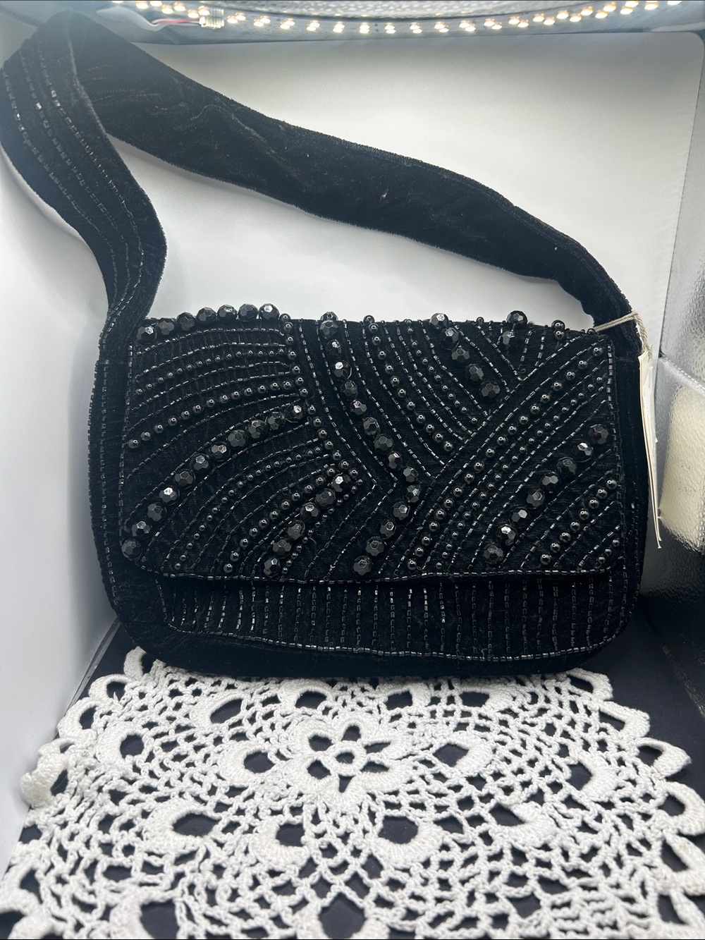 a new day Black Beaded Velvet Shoulder Bag with Patterned Embellishments